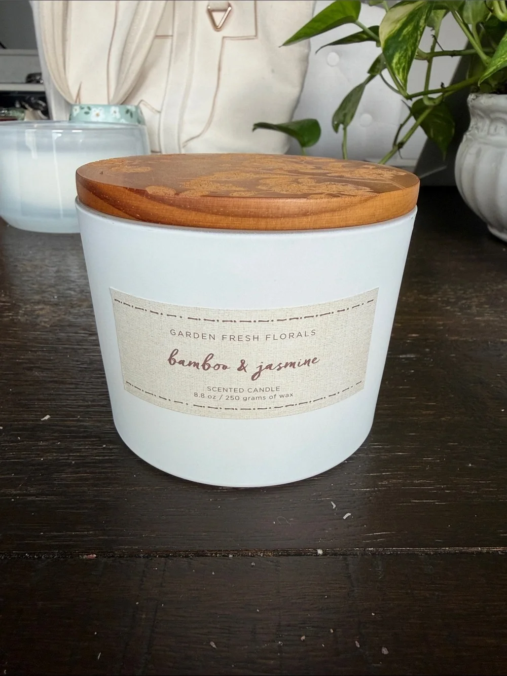 Cost Plus World Market Bamboo & Jasmine Candle in White with Wood Lid